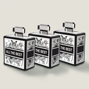 Perfume bottle shaped paper gift box set with elegant black and white floral illustration
