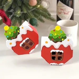 Christmas house shaped gift boxes with transparent windows and 3D tree toppers