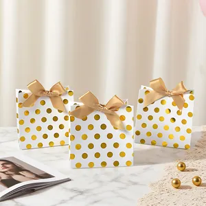 Gold Polka Dot Gift Bags With Satin Bow For Wedding Birthday White Cardstock Small Paper Treat Bags Gift Packaging