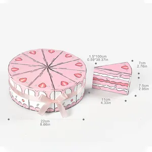Pink triangle cake shaped favor boxes with ribbon bows and size measurements shown