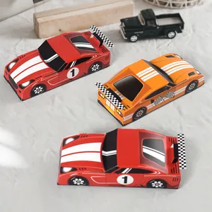 Racing car shaped paper gift boxes in red and orange for kids birthday party favors