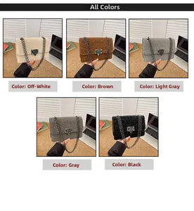 Detailed grid view showing five stylish chain shoulder bags in plain and leopard prints