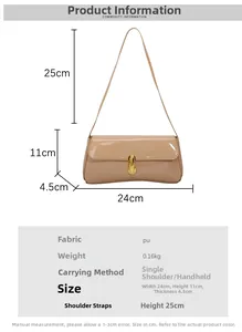 Detail view of khaki PU leather bag showing dimensions and metallic gold lock closure