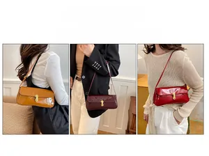 Detail showing multiple ways to wear the patent leather square bag in various colors