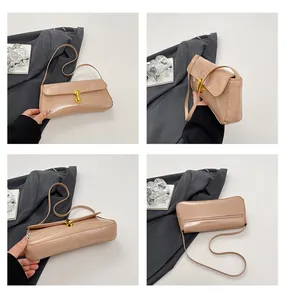 Detailed four-way view of apricot patent leather baguette bag with gold twist lock