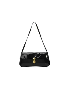 Glossy black patent leather rectangular shoulder bag with golden metallic lock buckle