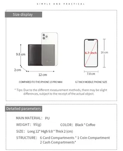 Detailed view of leather wallet interior with 6 card slots, coin pocket and cash compartments