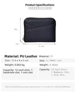 Detailed specs of black PU leather accordion wallet with dimensions and capacity details