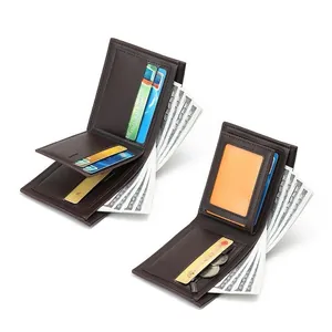 Short bifold men's wallet in dark brown vintage leather with multi-card slots