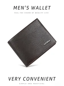 Close-up of dark brown men's wallet featuring embossed wood grain texture and metallic logo