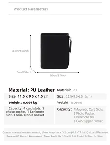 Detailed technical specifications for slim black PU leather wallet with size and weight info