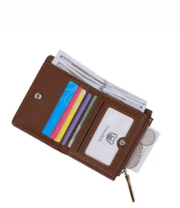 Detail view of brown slim wallet showing multiple card slots and zip coin pocket