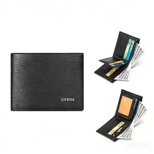 Classic vintage black leather bi-fold wallet for men with multi-card slots and coin pocket