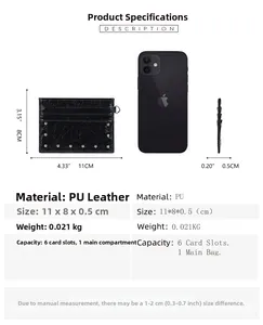 Slim rivet card holder with dimensions 11x8x0.5cm and six slots compared to a smartphone