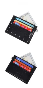 Detail showing black rivet card holder capacity with multiple card slots and cash pocket