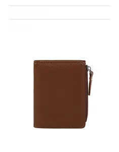 Close-up of coffee brown slim wallet showing lychee texture and metal zipper detail