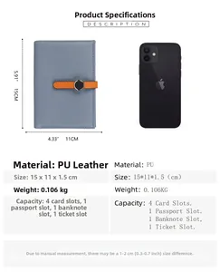 Detailed dimension layout showing compartments of the blue PU leather passport wallet