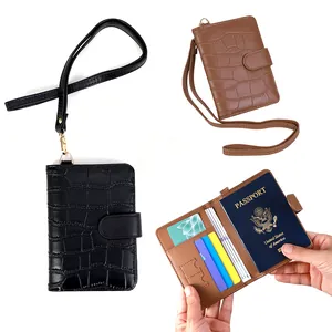 RFID Blocking Crocodile Pattern PU Leather Passport Holder Travel Wallet With Wristlet For Men Women Portable Card Case