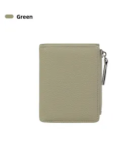 Close-up of olive green litchi texture leather wallet with durable metal zipper detail