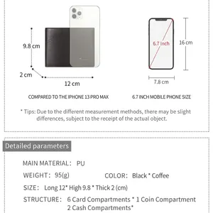 Men's retro leather bifold wallet with size comparison against a smartphone