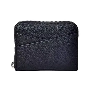 Japanese style black leather accordion card holder with zipper closure and V-shaped slots