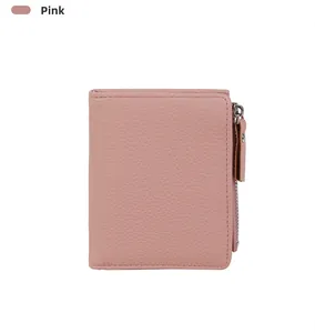 Close-up of pink slim leather wallet featuring lychee texture and side metal zipper pocket