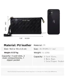 Detailed size comparison of black woven PU leather clutch showing inner card slots and pockets