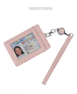Portatarjetas de identificación de PU rosa con ventana transparente y cordón retráctil