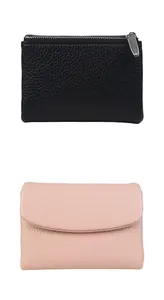 Vue détaillée des portefeuilles en cuir noir zippé et rose à rabat avec texture grainée