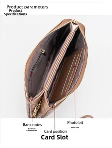 Detail view of the brown quilted wallet interior showing card slots and zipper pocket