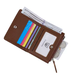 Slim brown lychee texture wallet with multi-card slots and zippered coin pouch