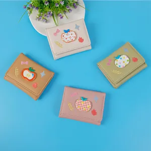 Three-fold leather wallets with lychee texture and cute 3D apple patch in four colors