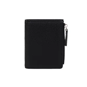 Slim black leather wallet for women with pebbled texture and side zipper coin pocket