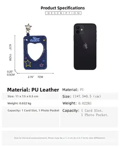 Size comparison of denim star photo card holder and phone measuring 11x7x0.5cm