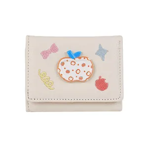 Creamy lychee pattern tri-fold wallet with cute apple embroidery and cartoon patches