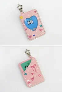 Pink denim star photocard holder with heart window and silver star keychain detail