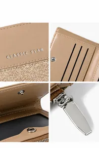 Detail view of khaki leather wallet featuring multi-slot card holder and classic star logo