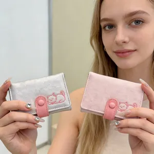 Cute Korean style cat cat trifold wallet for women in pink and silver textured leather