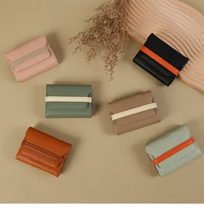 Vista piatta di portacarte a fisarmonica in pelle colorata in varie tonalità con decori