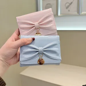 Portefeuilles femme en cuir brillant style japonais avec nœud en rose et bleu clair