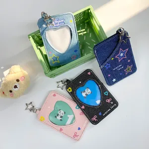 Porte-Cartes en Cuir Synthétique à Texture Denim Fenêtre Photo en Forme de Cœur Porte-Clés Étoile Étui pour Carte d'Identité Style Y2K