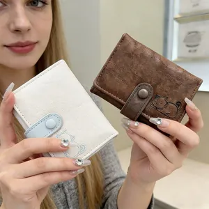 Chic trifold cat wallet with textured PU leather in cream and brown tones