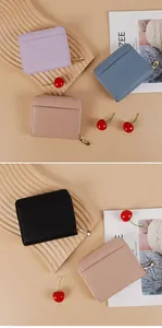 Litchi texture leather mini wallet with zipper closure and card slot in multiple colors