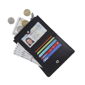 Portefeuille enveloppe en cuir noir avec poche zippée, fentes pour cartes et bouton