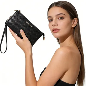 Women Woven PU Leather Clutch Bag Quilted Minimalist Handbag Long Zip Wallet With Wristlet Strap Travel Fashion Phone Bag