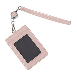 Portabadge in pelle PU rosa con cordino retrattile e chiusura a moschettone in metallo