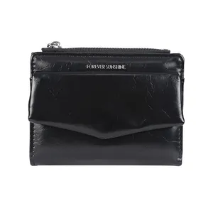 Portefeuille enveloppe noir en cuir pour femme avec poche zippée et fermoir à pression
