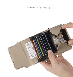 Interior view showing large capacity accordion card slots and coin pocket of beige leather wallet