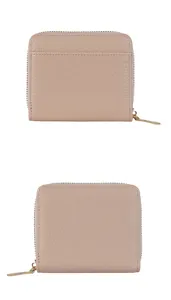 Front and back view of a light pink pebbled leather small square wallet with gold zipper