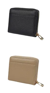 Close-up of litchi texture leather mini wallets with gold zippers in black and khaki colors